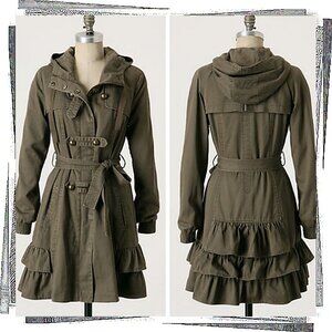 Olive Green Hooded Double Breasted “Frill Force” Ruffled Military Jacket (4)